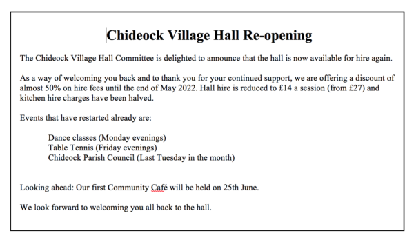 Chideock Village Hall Reopening